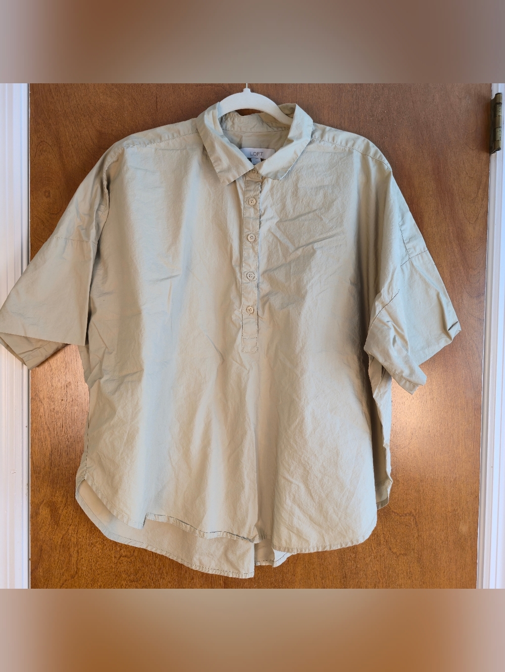 LOFT brand shirt is a khaki-colored, short-sleeve button-down top L